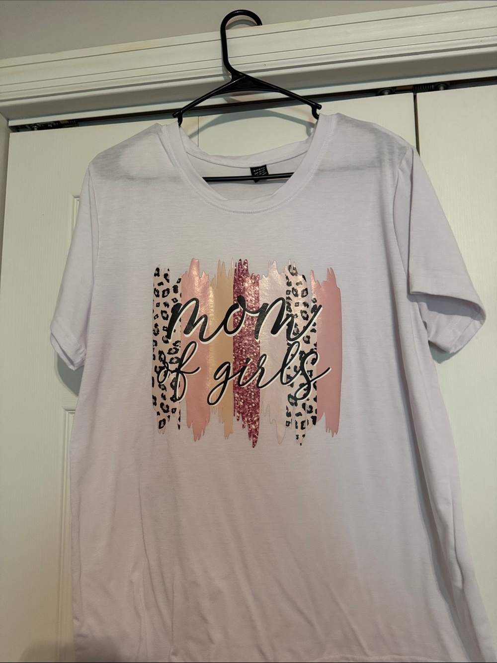 SHEIN White Tee with Pink, Rose-Gold and Leopard Brushstroke Graphic